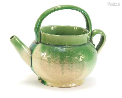 Linthorpe style pottery open teapot with green dripping glaze in the manner of Christopher