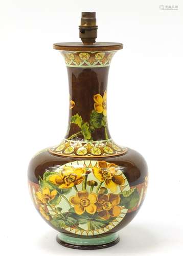 Continental pottery vase converted to a lamp, hand painted with buttercups, numbered 2485, 39cm high