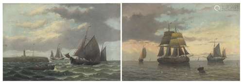 Boats on calm seas, pair of 19th century marine oil on canvasses, each bearing an indistinct