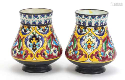 Pair of French cloisonne enamel pottery vases by Jules Vieillard decorated in the Iznik style with