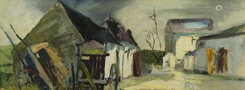 Manner of Kenneth Webb - Town scene, oil on canvas inscribed Belfast and label verso, framed, 90cm x