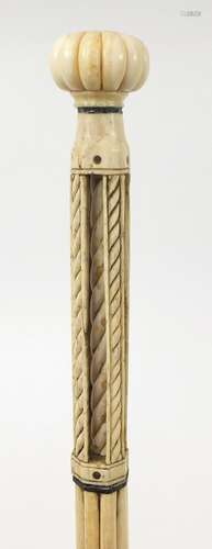 Antique Scrimshaw carved whalebone walking stick with four pillars, 92.5cm in length : For Condition