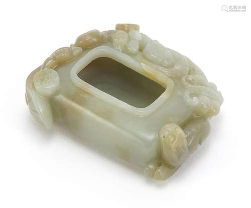 Chinese russet green jade brush washer carved with two children a mythical lion and a butterfly, 7.