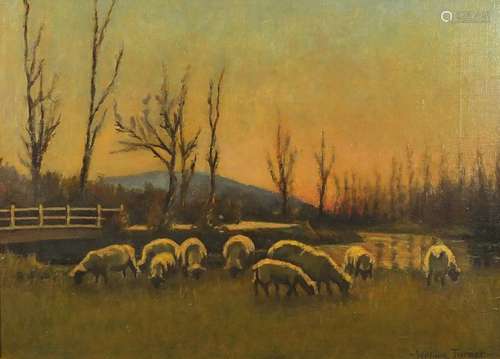 William Turner - When daylight fades, Clatford nr Andover, sheep in countryside with hills, oil on