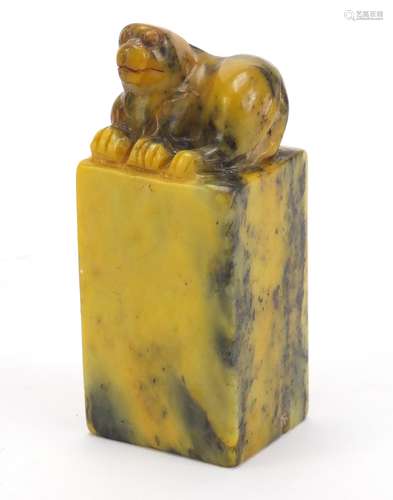 Chinese hardstone seal carved with a mythical animal, 9cm high : For Condition Reports Please