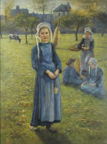 Children in a field, Dutch school oil on board, framed, 100cm x 74cm : For Condition Reports