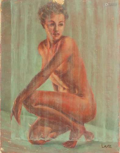 Lake - The female form, nude female, oil on canvas, unframed, 30cm x 23cm : For Condition Reports