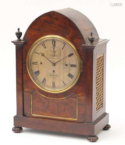 Rosewood bracket clock with brass inlaid front, the silver dial for G.Gibbs 58 Banner Street