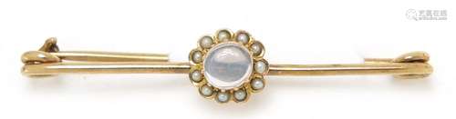 9ct gold moonstone and pearl bar brooch housed in a Bentley & Co box, 5.5cm wide, 4.2g : For