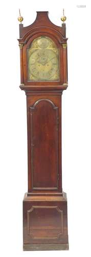 Good 18th century mahogany pagoda topped grandfather clock, the brass dial with eagle crest and