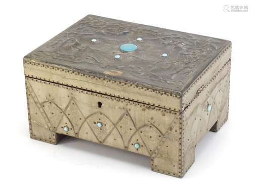 Arts & Crafts jewellery box with lift out tray, applied embossed pewter and Ruskin type cabochons,