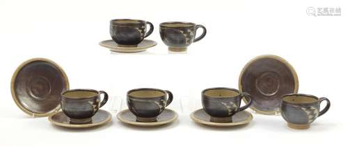 Chris Lewis set of six South Heighton studio pottery cups with sauces, each hand painted with an