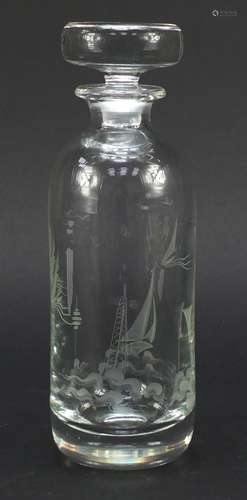 Art Deco glass decanter engraved with a boat in water with birds, 25cm high : For Condition