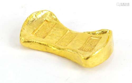 Chinese gold coloured metal ingot, impressed marks, 6cm wide : For Condition Reports Please Visit