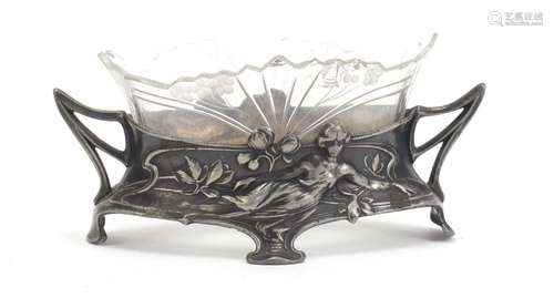 Art Nouveau pewter and cut glass salt by WMF, 13cm wide : For Condition Reports Please Visit Our