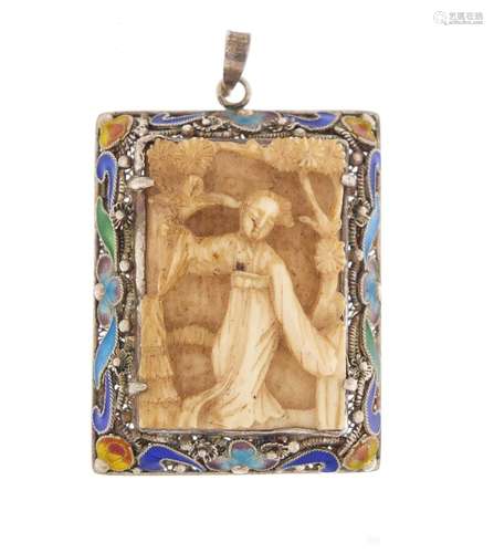 Chinese canton silver and enamel pendant set with a carved ivory panel of a female, 3.5cm high, 11.