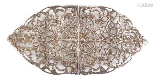 Victorian style silver two piece buckle, pierced with flowers and foliage, hallmarked London 1975,