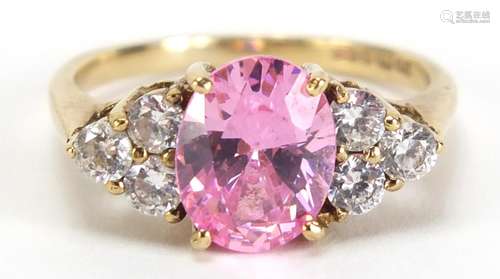 9ct gold pink and white cubic zirconia ring, size L, 2.8g : For Condition Reports Please Visit Our