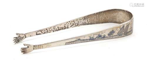 Pair of Egyptian silver and niello work sugar tongs, 13cm in length, 38.2g : For Condition Reports