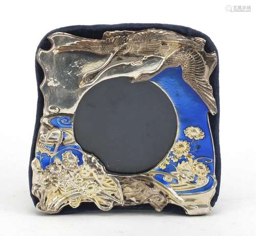 Art Nouveau design silver and enamel easel photo frame, decorated with two swans in flight, RBB,