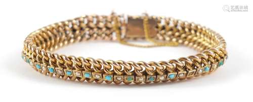 9ct rose gold turquoise and seed pearl bracelet, 18cm in length, 16.5g : For Condition Reports