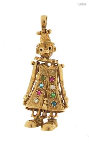 9ct gold articulated clown pendant, set with colourful stones, 4cm in length, 4.2g : For Condition