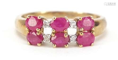 9ct gold ruby and diamond two row ring, size P, 2.4g : For Condition Reports Please Visit Our