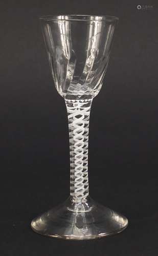 18th century wine glass with writhen bowl and double opaque twist stem, 13.5cm high : For