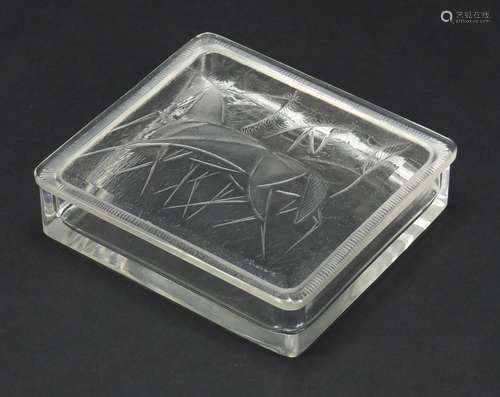 Art Deco glass box with lift off cover by Peter Dreiser, finely engraved with stylised horses,