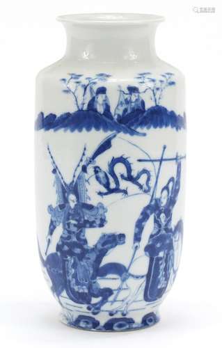 Good Chinese blue and white porcelain vase, finely hand painted with warriors on horse back and