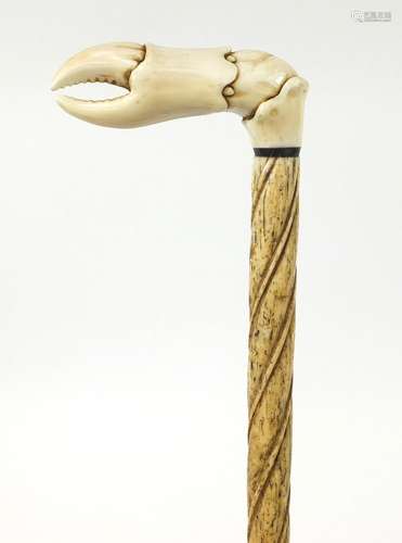 Antique Scrimshaw carved whalebone and ivory walking stick with crab claw handle and spiral twist