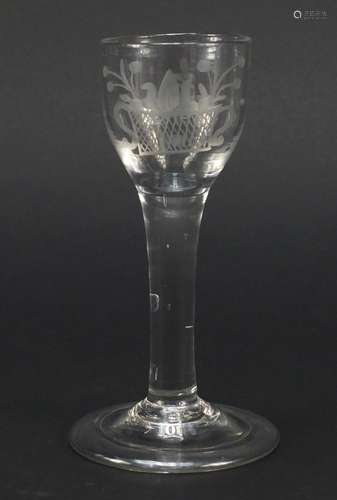 18th century cordial wine glass with etched bowl and folded foot, 13.5cm high : For Condition