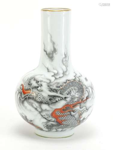 Chinese porcelain vase hand painted with a dragon chasing a flaming pearl amongst clouds, six figure