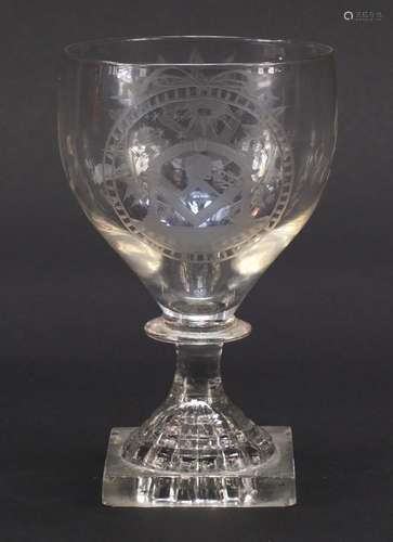 Early 19th century masonic interest glass rummer with engraved bowl, 14cm high : For Condition