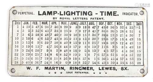 Lamp lighting time perpetual indicator enamel plaque by Royal Letters Patent, 15cm x 7.5cm : For