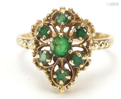 9ct gold emerald pear shaped cluster ring, size O, 3.0g : For Condition Reports Please Visit Our