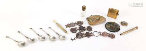 Antique and later objects including brass vesta inset with turquoise, four silver spoons, bone