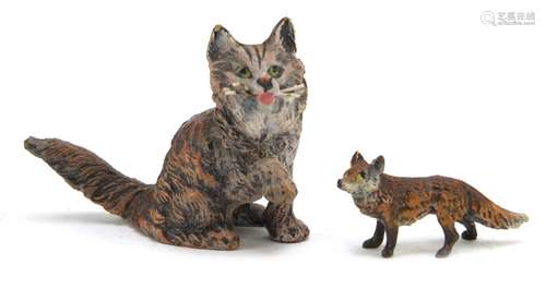 Two cold painted bronze animals comprising a fox and cat, the largest 3.5cm high : For Condition