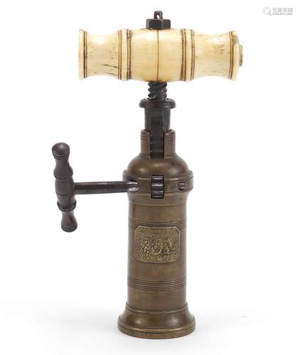 19th century Wilmot Roberts & Co patent brass corkscrew with turned bone handle and side rack, 16.