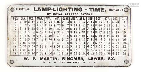 Lamp lighting time perpetual indicator enamel plaque by Royal Letters Patent, 15cm x 7.5cm : For