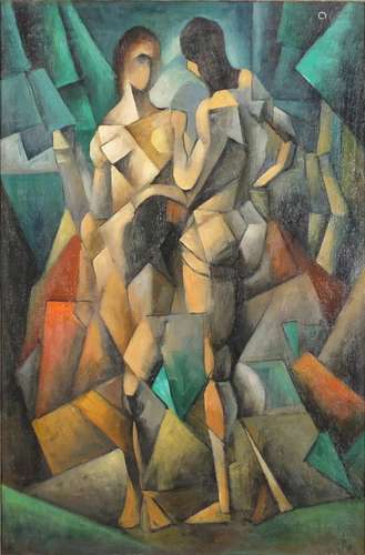 Manner of Andre Lhote - Abstract composition, two cubist figures, French school oil on board,