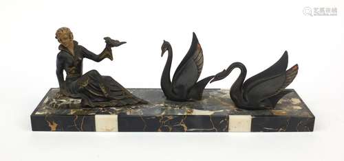 French Art Deco lady and stylised swan design sculpture, raised on a marble base, 51.5cm wide :