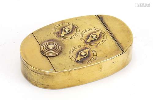 Antique brass combination snuff box with three dials, 8cm wide : For Condition Reports Please