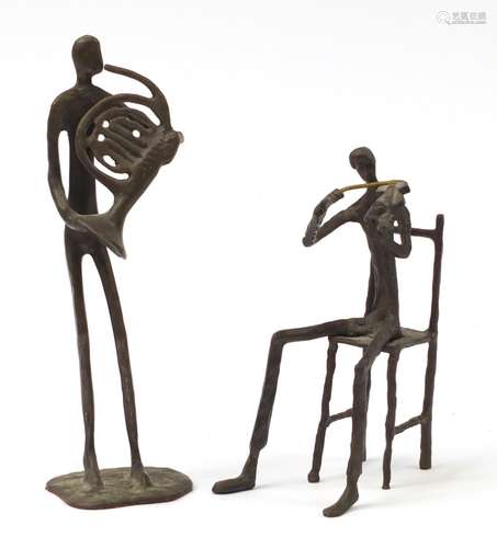 Two Modernist patinated bronze musicians in the style of Alberto Giacometti, 30.5cm high : For