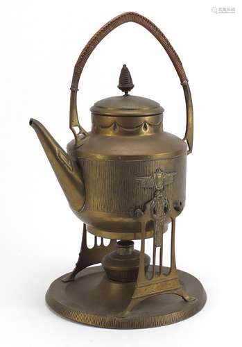 Continental brass Arts and Crafts aesthetic kettle on stand with wicker handle, 44cm high : For