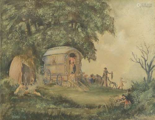 Gypsy encampment, 19th century watercolour, indistinctly signed, mounted, framed and glazed, 46.