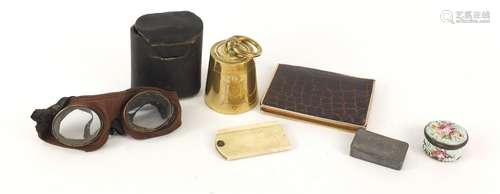 Objects including a Victorian brass weight design inkwell, 18th century enamel patch box, ivory