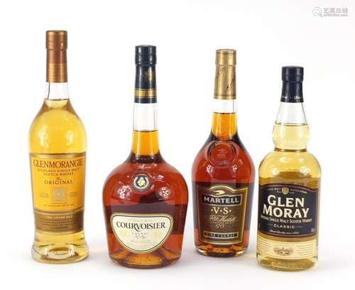 Two bottles of whiskey and two bottles of cognac comprising Glenmorangie Ten Year Old, Glen Moray,