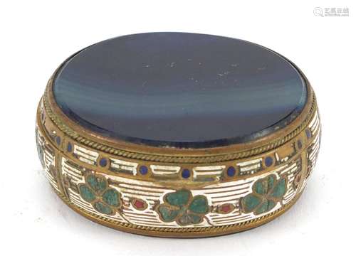 Oval enamelled brass and blue agate patch box with hinged lid, 5cm wide : For Condition Reports