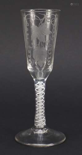 18th century ale glass with opaque twist stem, the ogee bowl engraved with crops and barley, 19cm